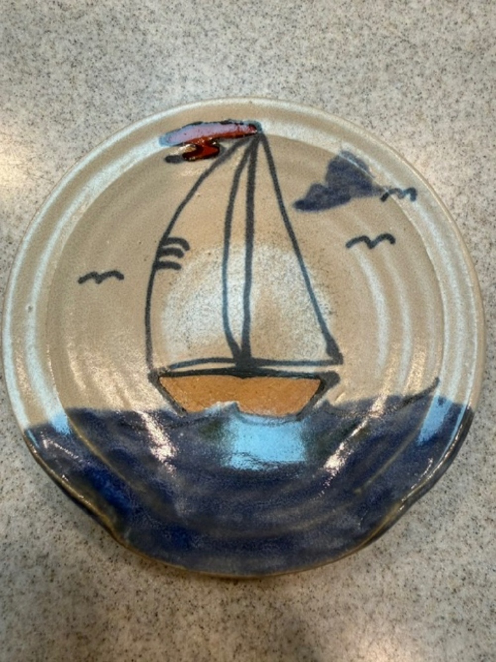 Annapolis Pottery Stoneware Spoon Rest Sailboat Clouds Birds Art